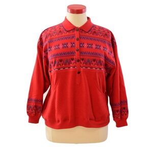 80s Vintage Red Floral Polo Sweatshirt Womens XL Boho Cottagecore Pullover Top